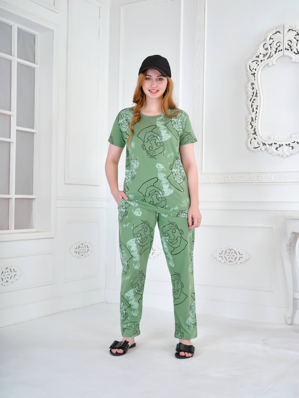 Olive Abstract Faces Co-ord Set